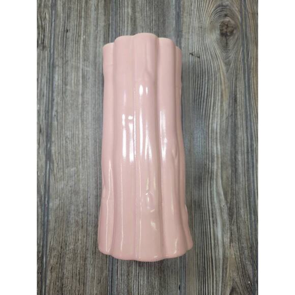 Vintage Pink Vase, Ceramic Bamboo Cylinder, 9-3/8" Tall - Picture 2 of 4